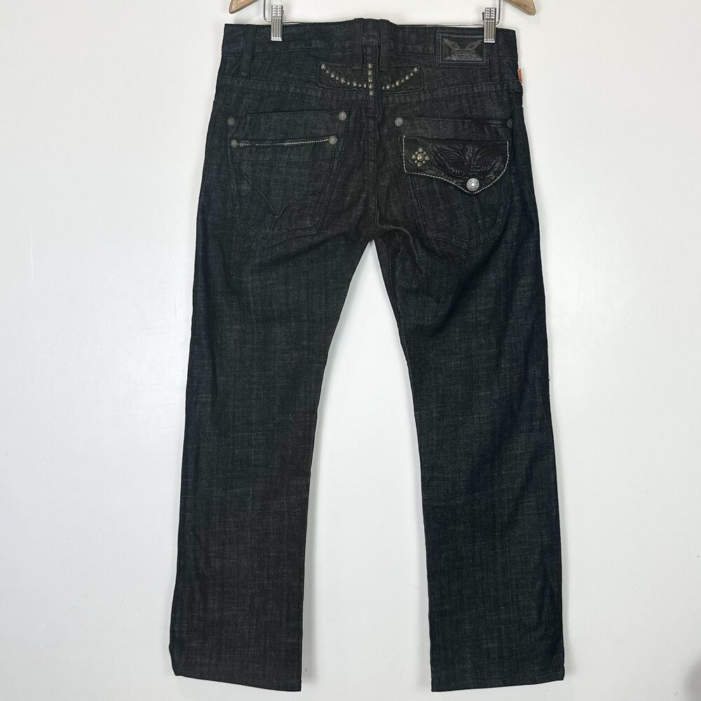 Robin's Jean Studded Mens 32x30 Black Leather Denim Tabacco Jean Biker Western